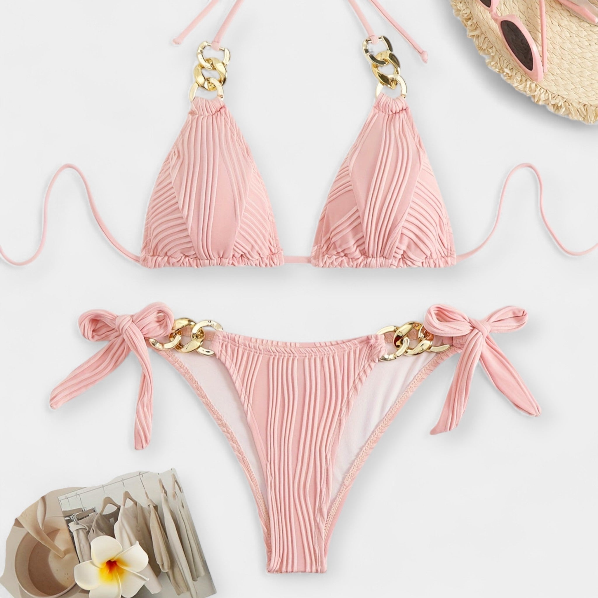 Juostuotas Bikinis Komplektas su Siūlėmis